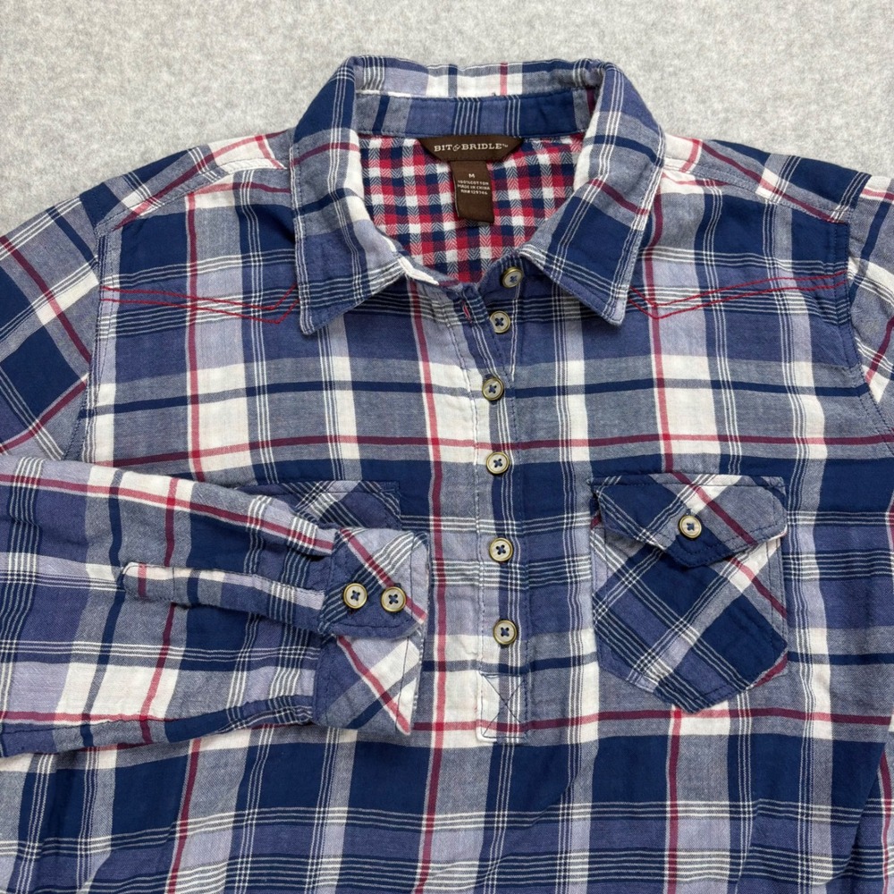 Bit & Bridle Plaid Tunic Shirt Womens M Blue Red Western Cowgirl Longline Cotton